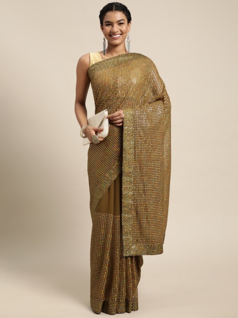 

Mitera Olive Green & Gold-Toned Embellished Sequinned Pure Georgette Saree