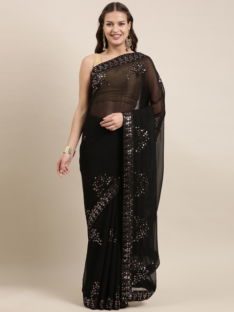 

Mitera Black Embellished Sequinned Pure Georgette Ready to Wear Saree