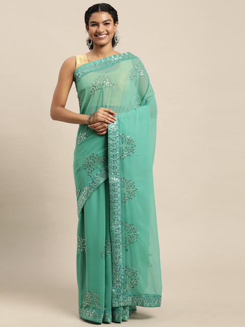 

Mitera Turquoise Blue Embellished Sequinned Pure Georgette Ready to Wear Saree