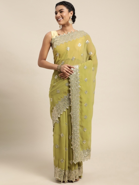 

Mitera Olive Green & Silver-Toned Embellished Sequinned Pure Georgette Ready to Wear Saree