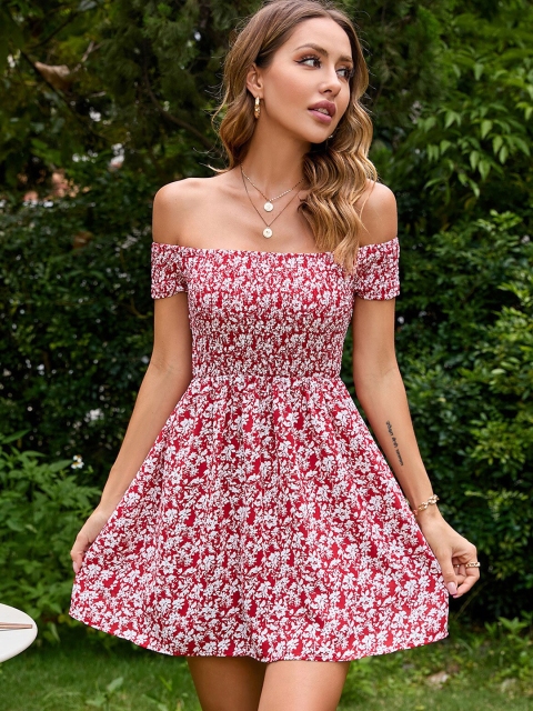 

La Aimee Maroon & White Floral Off-Shoulder Dress
