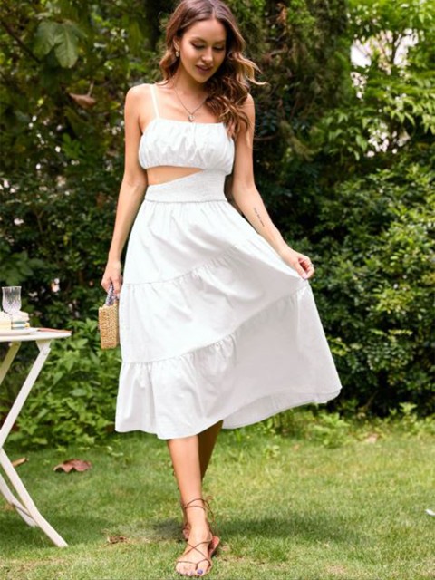 

La Aimee Women White Tiered Smocked Midi Dress