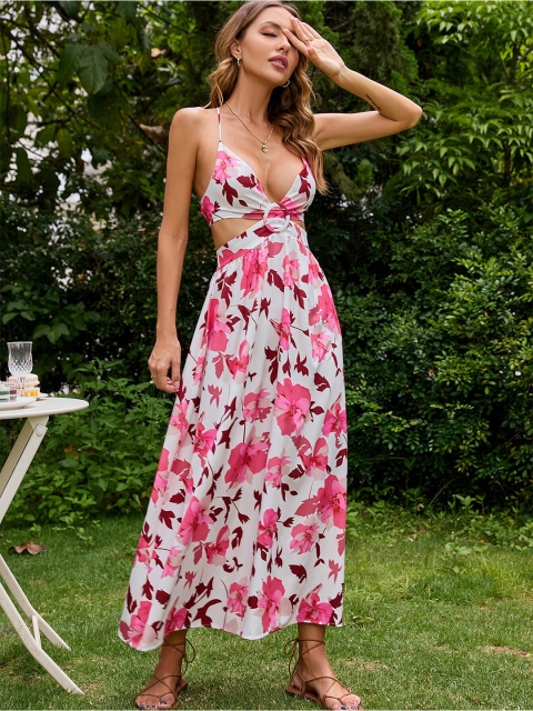 

La Aimee Women White & Pink Floral Maxi Midi Dress