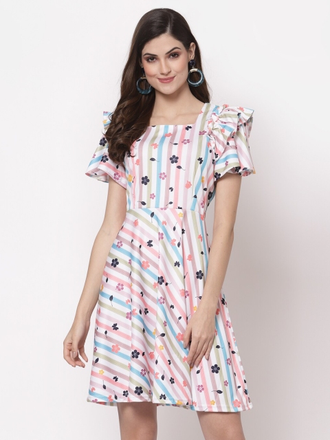 

ASEELO White & Pink Floral Striped Fit & Flare Dress