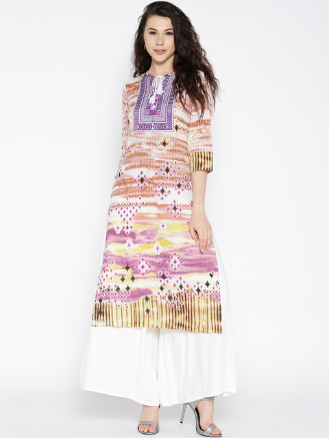 

Rain & Rainbow Women White & Brown Printed Straight Kurta