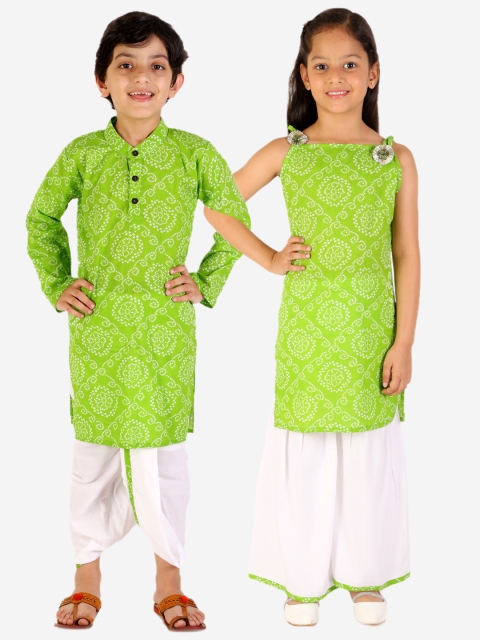 

YK Girls Light Green & White Bandhani Printed Kurta with Sharara