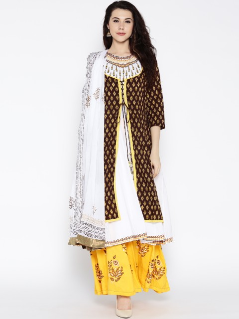 

Rain & Rainbow Women White & Yellow Embroidered Anarkali Kurta with Palazzos & Dupatta