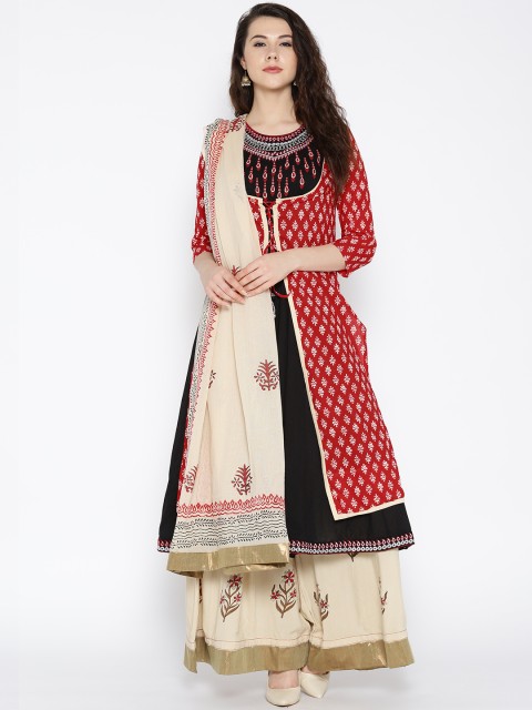 

Rain & Rainbow Women Black & Beige Embroidered Anarkali Kurta with Palazzos & Dupatta