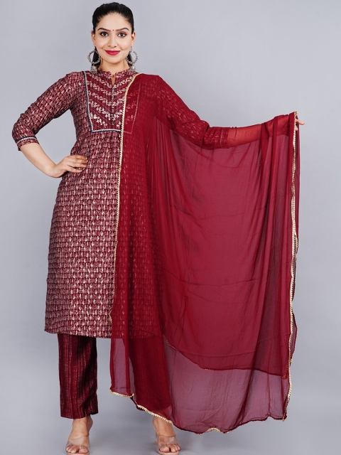 

EtnicaWear Women Red Printed Aari Work Pure Cotton Kurta with Trousers & With Dupatta