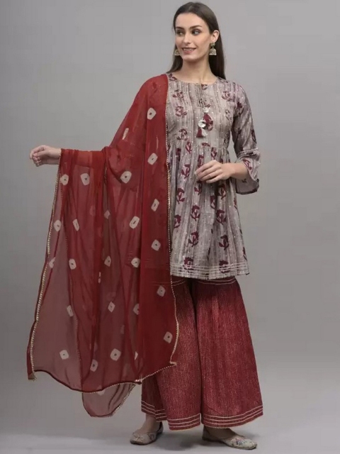 

EtnicaWear Women Red Floral Embroidered Angrakha Pure Cotton Kurti with Sharara & With Dupatta