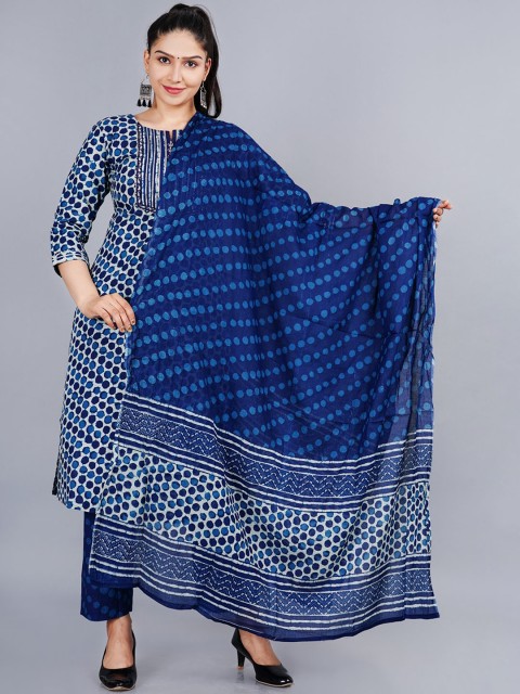 

EtnicaWear Women Blue Printed Pure Cotton Kurta with Trousers
