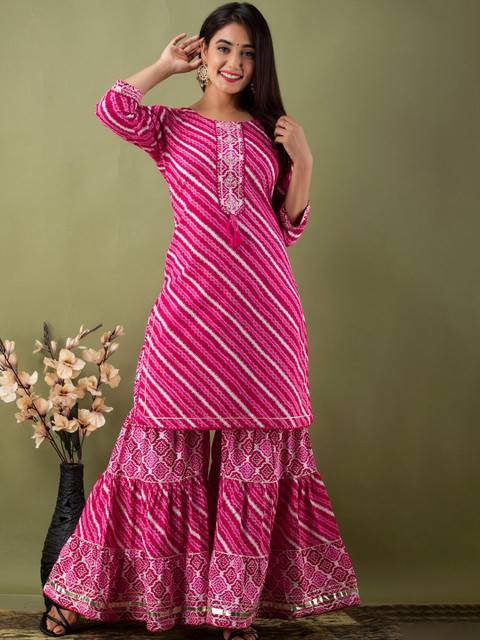 

EtnicaWear Women Pink Ethnic Motifs Embroidered Pure Cotton Kurta with Sharara & With Dupatta