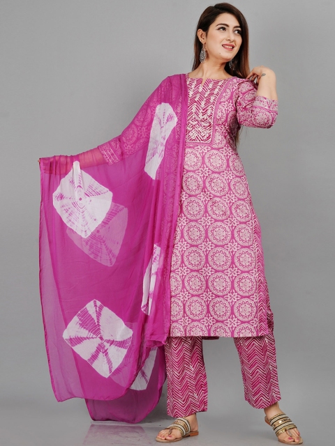 

EtnicaWear Women Pink Floral Printed Pure Cotton Kurta with Palazzos & With Dupatta