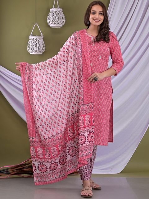 

EtnicaWear Women Pink Floral Printed Pure Cotton Kurta with Trousers & With Dupatta