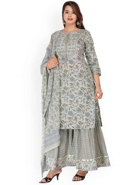 

EtnicaWear Women Grey Ethnic Motifs Printed Aari Work Pure Cotton Kurta with Sharara & With Dupatta