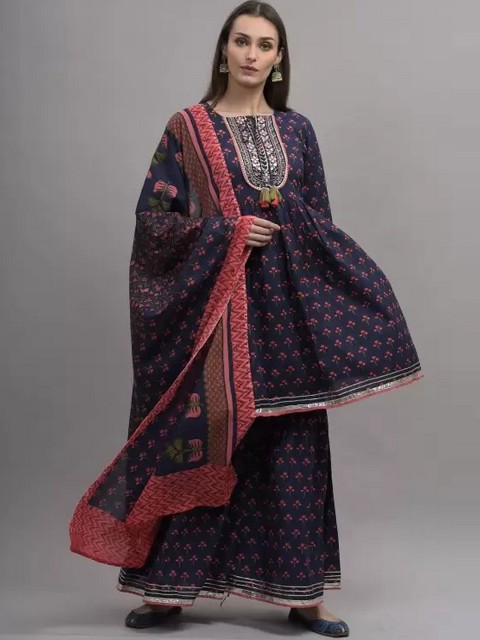 

EtnicaWear Women Blue Ethnic Motifs Yoke Design Empire Kurti with Skirt & With Dupatta