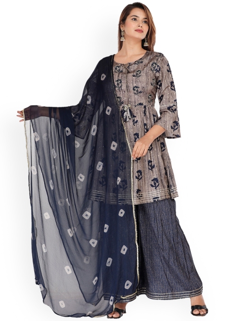 

EtnicaWear Women Blue Ethnic Motifs Printed Angrakha Pure Cotton Kurta with Palazzos & With Dupatta