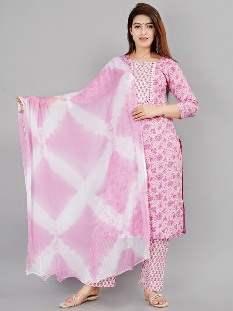 

EtnicaWear Women Pink Floral Printed Pure Cotton Kurta with Trousers & With Dupatta
