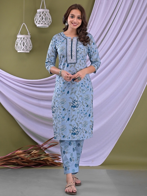 

EtnicaWear Women Blue Ethnic Motifs Printed Aari Work Pure Cotton Kurta with Trousers