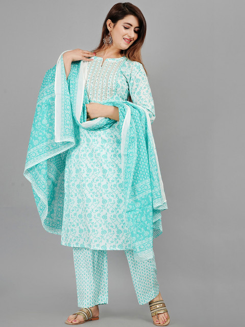 

EtnicaWear Women Blue Ethnic Motifs Printed Pure Cotton Kurta with Salwar & With Dupatta