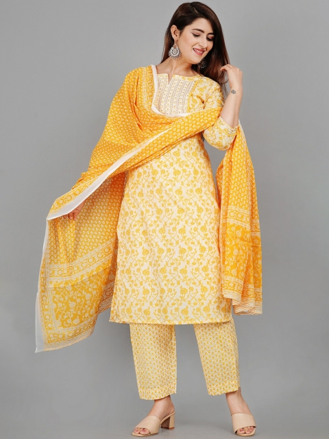 

EtnicaWear Women Yellow and white Printed Pure Cotton Kurti with Palazzos & Dupatta
