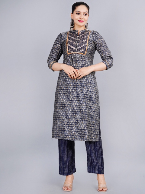 

EtnicaWear Women Blue Ethnic Motifs Printed Aari Work Pure Cotton Kurta with Trousers & With Dupatta