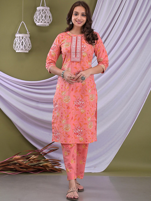 

EtnicaWear Women Pink Printed Aari Work Pure Cotton Kurta with Trousers & With Dupatta