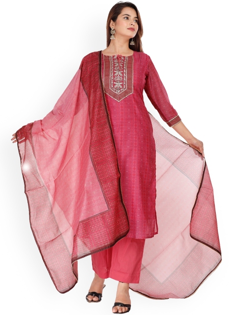 

EtnicaWear Women Pink Yoke Design Chanderi Cotton Kurta Set