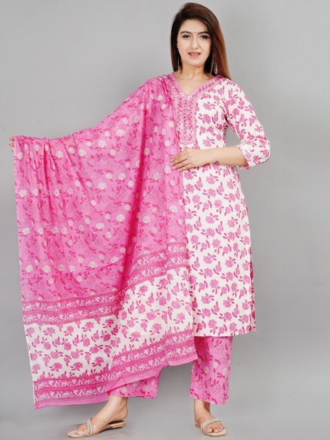 

EtnicaWear Women Pink Floral Printed Pure Cotton Kurta Set