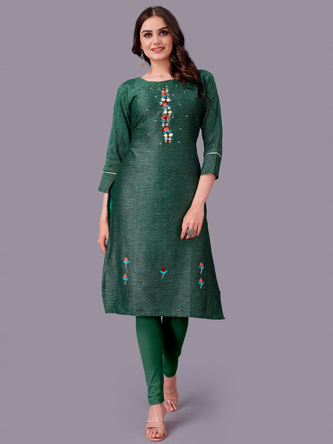 

Fashion FRICKS Women Green Ethnic Motifs Embroidered Straight Kurta