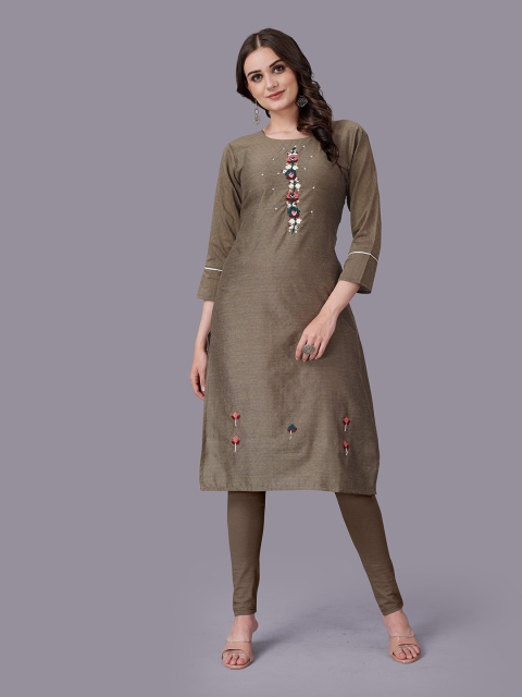 

Fashion FRICKS Women Brown Floral Embroidered Thread Work Kurta