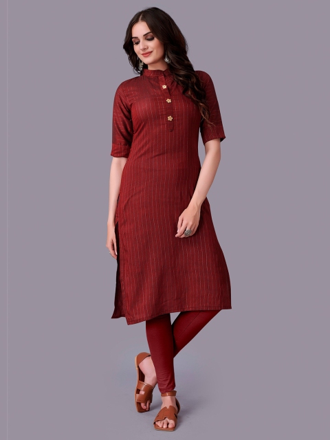 

Fashion FRICKS Women Maroon Striped Straight Kurta