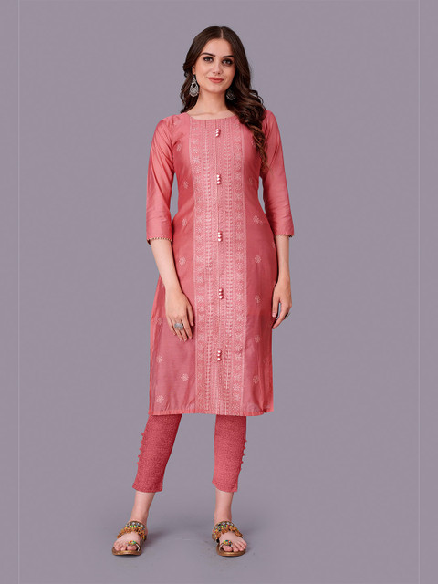 

Fashion FRICKS Women Pink Floral Embroidered Thread Work Kurta