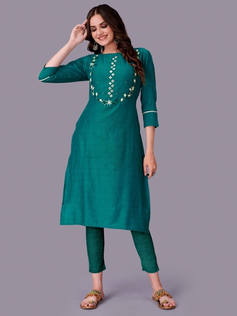 

Fashion FRICKS Women Green Embroidered Mirror Work Kurta