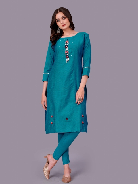 

Fashion FRICKS Women Turquoise Blue Floral Embroidered Kurta