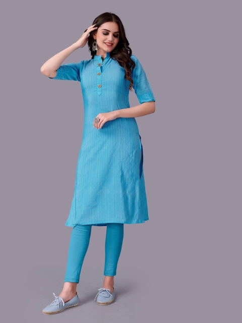 

Fashion FRICKS Women Blue Striped Mandarin Collar Kurta
