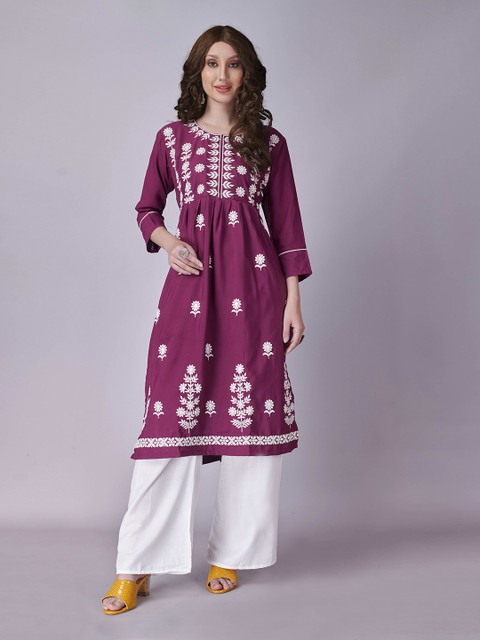 

Fashion FRICKS Women Purple & White Ethnic Motifs Embroidered Anarkali Kurta