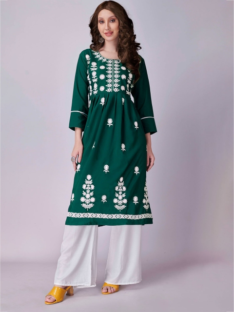 

Fashion FRICKS Women Green & White Floral Printed Anarkali Kurta