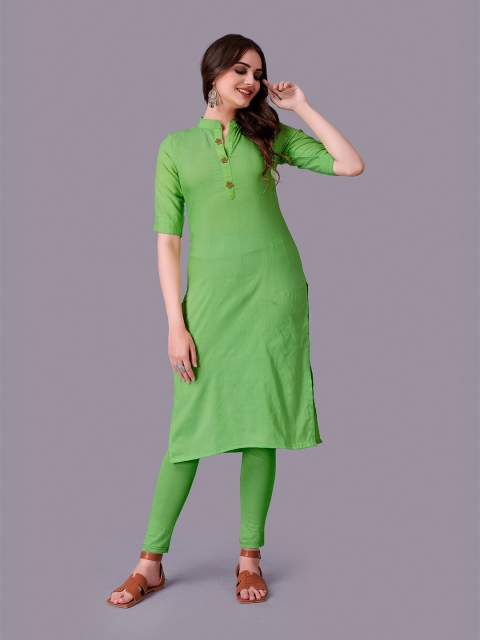 

Fashion FRICKS Women Green Striped Cotton Straight Kurta