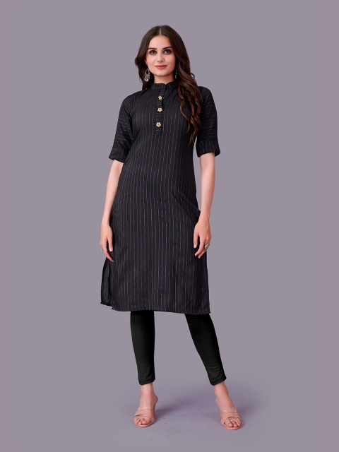 

Fashion FRICKS Women Black Striped Straight Mandarin Collar Kurta