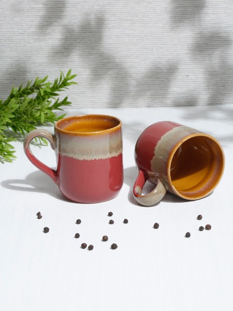 

EK BY EKTA KAPOOR Maroon & Brown Printed Ceramic Glossy Cups Set of Cups and Mugs
