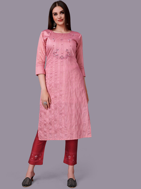 

Fashion FRICKS Women Pink Floral Yoke Design Mirror Work Pure Cotton Kurta with Trousers