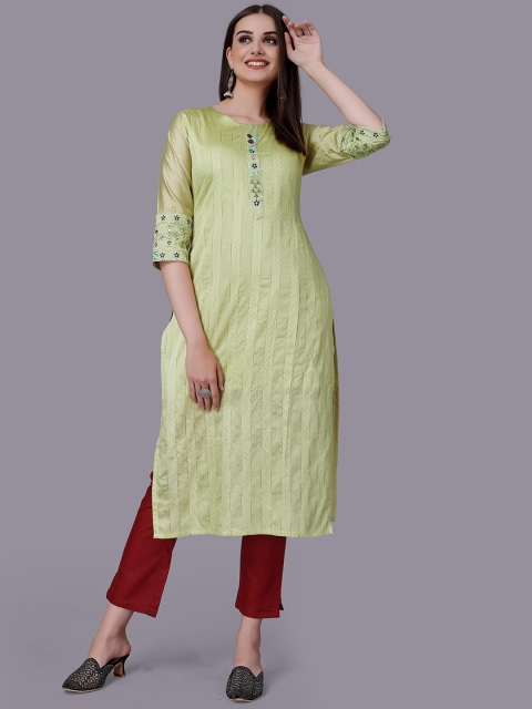 

Fashion FRICKS Women Green Embroidered Pure Cotton Kurta with Trousers