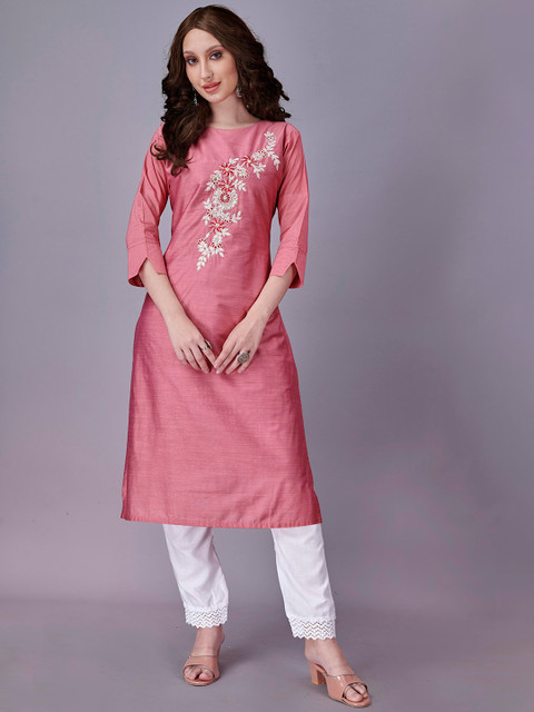 

Fashion FRICKS Women Pink Floral Embroidered Pure Cotton Kurti with Trousers