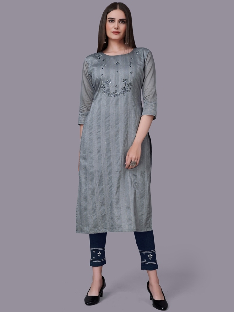 

Fashion FRICKS Women Grey Striped Thread Work Pure Cotton Kurta with Trousers