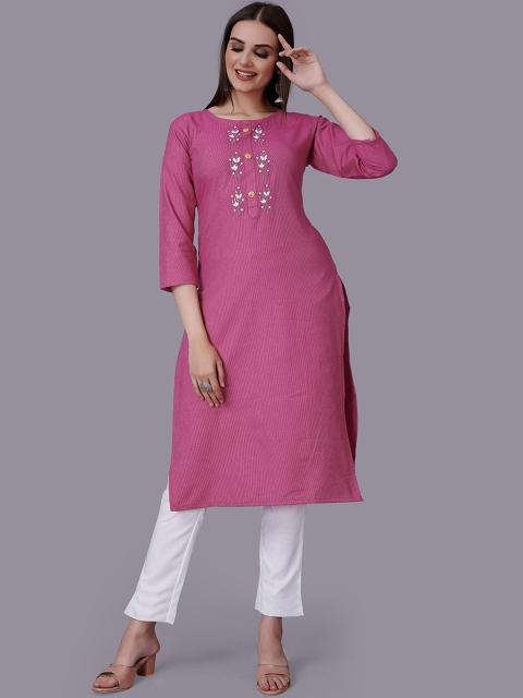 

Fashion FRICKS Women Pink Floral Striped Thread Work Pure Cotton Kurta with Trousers