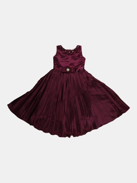 

V-Mart Kids Girls Red Solid Satin Round Neck Party Flared Wear Dress