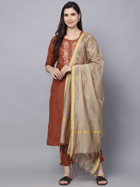 

DAAMINA Women Brown Pure Cotton Kurta with Churidar & With Dupatta