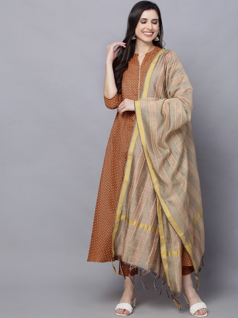 

DAAMINA Women Brown Yoke Design Empire Pure Cotton Kurta with Trousers & With Dupatta