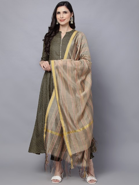 

DAAMINA Women Green Ethnic Motifs Panelled Pure Cotton Kurta with Churidar & With Dupatta